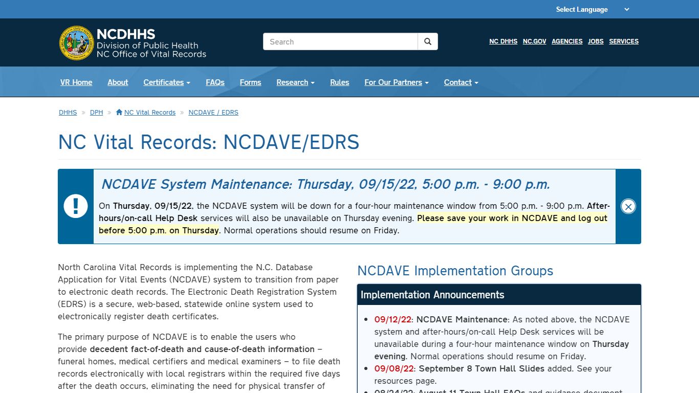 NCDHHS: DPH: NC Vital Records: NCDAVE / EDRS